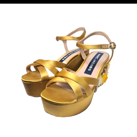 Marc Jacobs Gold Satin Embellished Platform Sandals - Picture 1 of 11